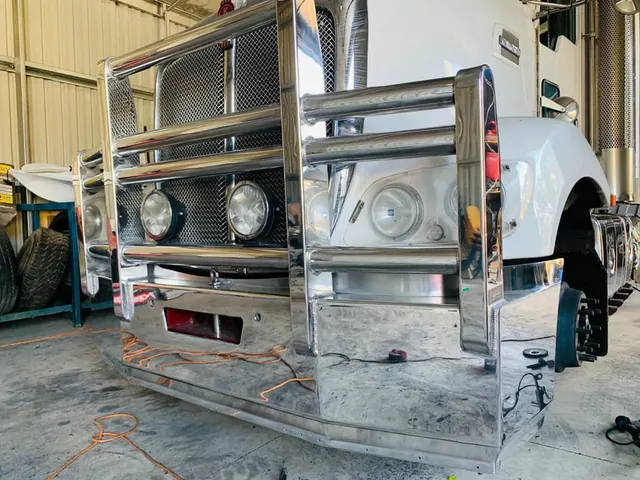 After: the Kenworth bull bar polished to a mirror finish