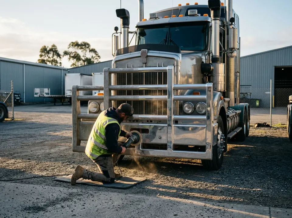 Polishing a Kenworth bull bar at the customer's yard – mobile truck polishing Moorebank
