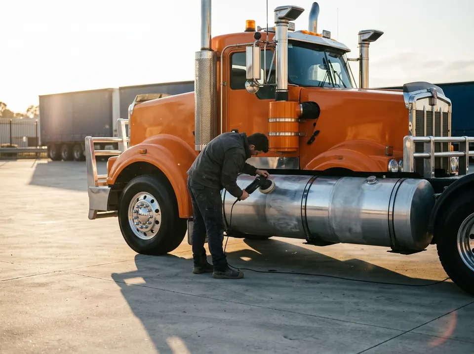Star Metal Polishing team polishing an orange Kenworth prime mover onsite