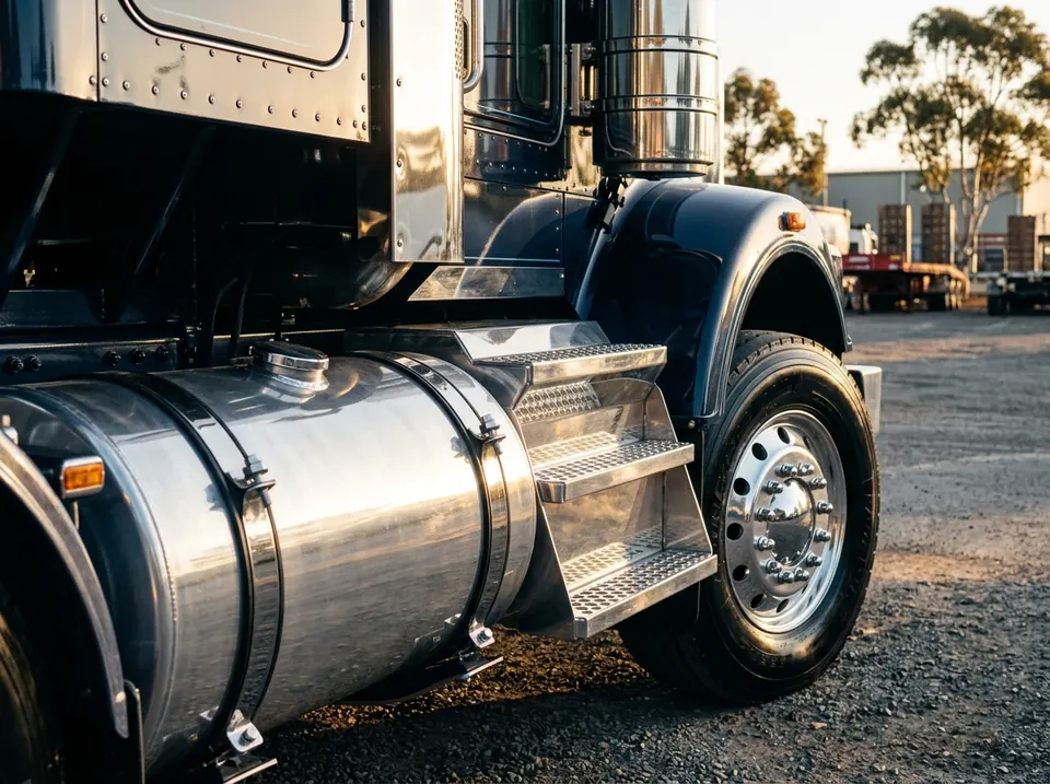 Polished rims, tank straps and steps laid out after polishing – mobile truck polishing Erskine Park