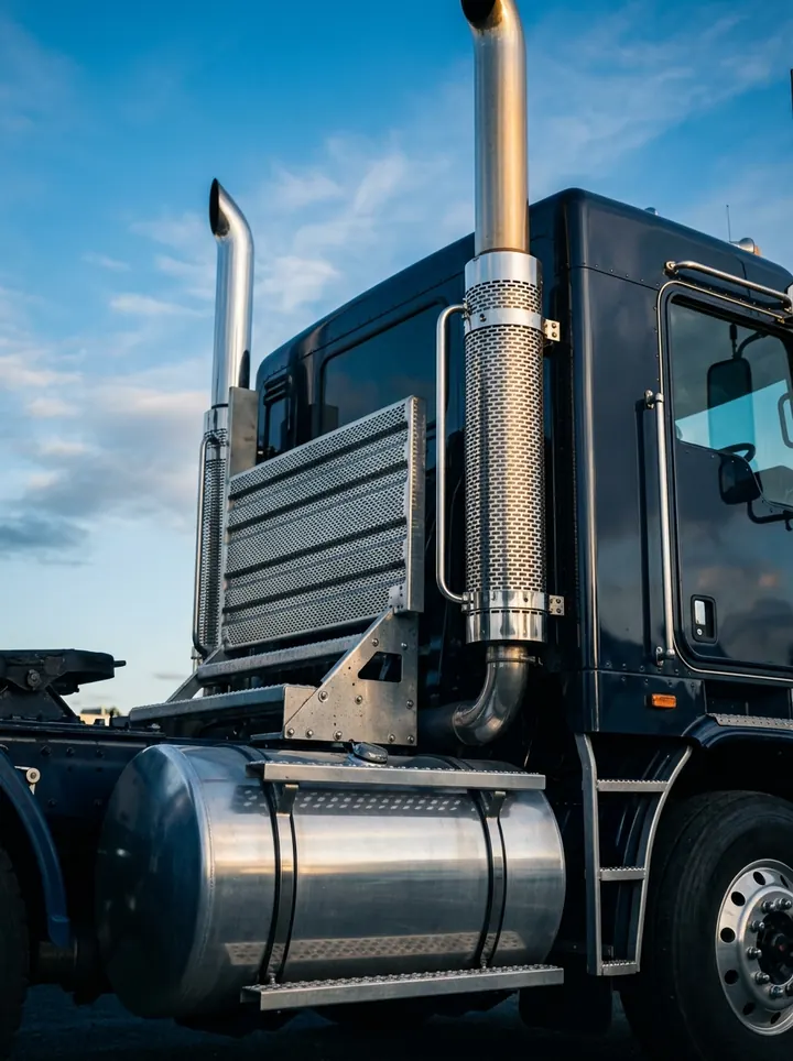 Polished round fuel tank and steps, side view – mobile truck polishing Campbelltown