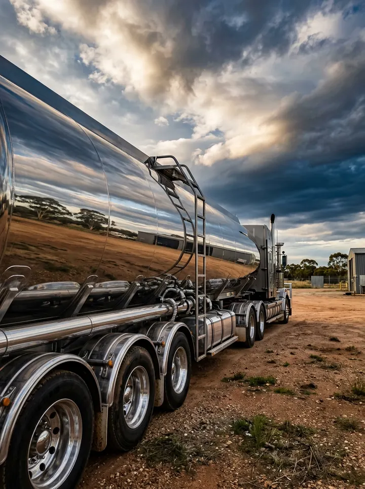 Polished fuel tanks and steps below a trailer, ready for the road