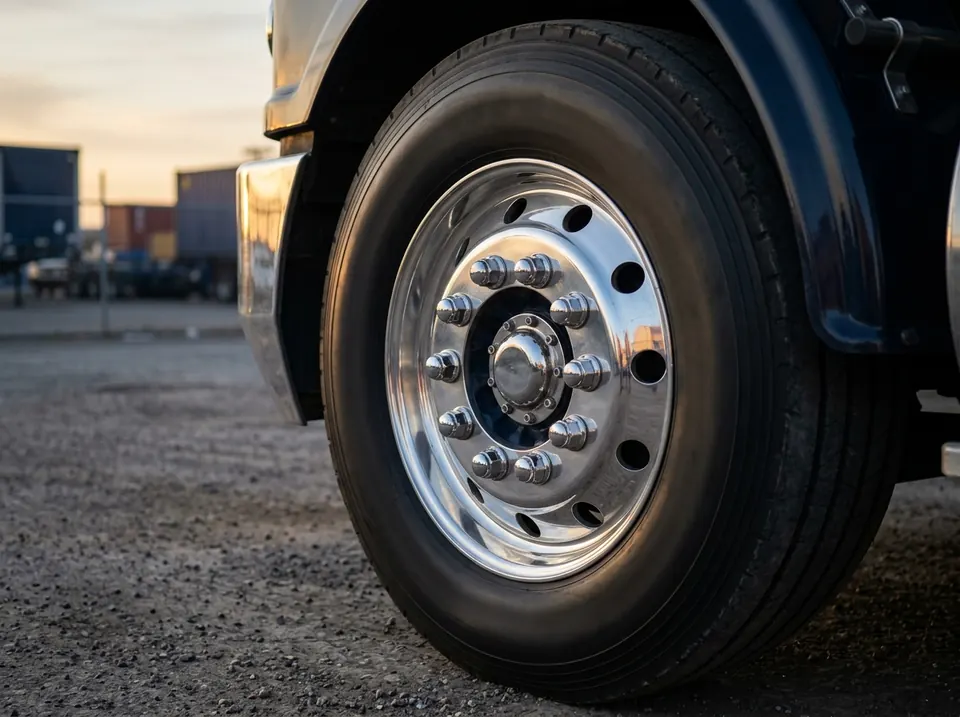 Mirror-polished alloy truck rim fitted to a tyre