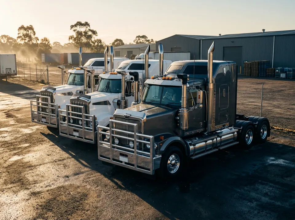 Western Star with a mirror-polished bumper parked with the rest of the fleet